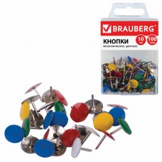 Кнопки канцелярские BRAUBERG, металлические, цветные, 10 мм, 100 шт., в пластиковой коробке, 221114