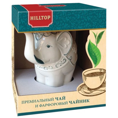 Чай HILLTOP "Подарок Цейлона", черный листовой, 80 г, фарфоровый чайник "СЛОН ТОПАЗ", 650 мл, 15002