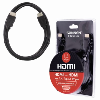 Кабель HDMI AM-AM, 1,5 м, SONNEN Premium, медь, экранированный, для передачи аудио-видео, 513130