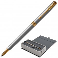 Ручка шариковая PARKER "Sonnet Core Stainless Steel GT Slim", тонкая, корпус серебристый, позолоченные детали, черная, 1931508