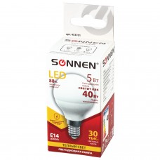 Лампа светодиодная SONNEN, 5 (40) Вт, цоколь E14, шар, теплый белый свет, 30000 ч, LED G45-5W-2700-E14, 453701