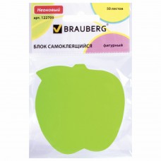 Блок самоклеящийся (стикер) фигурный BRAUBERG, НЕОНОВЫЙ "Яблоко", 50 листов, зеленый, европодвес, 122709