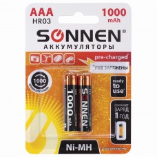 Батарейки аккумуляторные SONNEN, ААА (HR03), Ni-Mh, 1000 mAh, 2 шт., в блистере, 454237