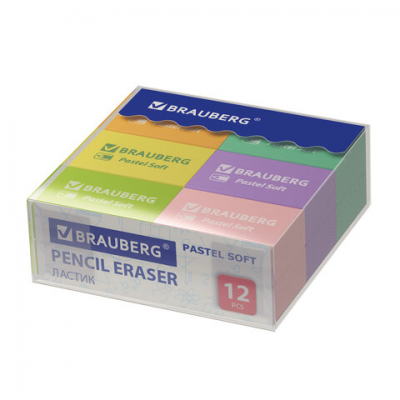 Ластики BRAUBERG 'Pastel Soft' НАБОР 12 шт., размер ластика 31х20х10 мм, экологичный ПВХ, 229598