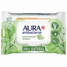 Салфетки влажные антибактериальные 60 шт., AURA Antibacterial &#039;ECO Protect&#039;, клапан крышка, 10509