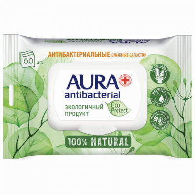 Салфетки влажные антибактериальные 60 шт., AURA Antibacterial 'ECO Protect', клапан крышка, 10509